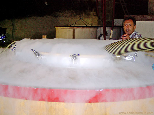 Fermentation in wooden vats with dry ice protection